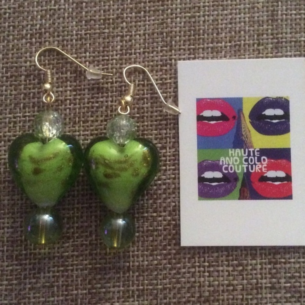 Handmade Green Venetian Glass Heart Earrings V.2